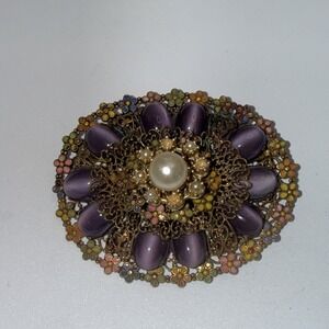 Vintage Signed Czech Purple Flower Pearl Enamel Filigree Brooch Gold Tone As Is